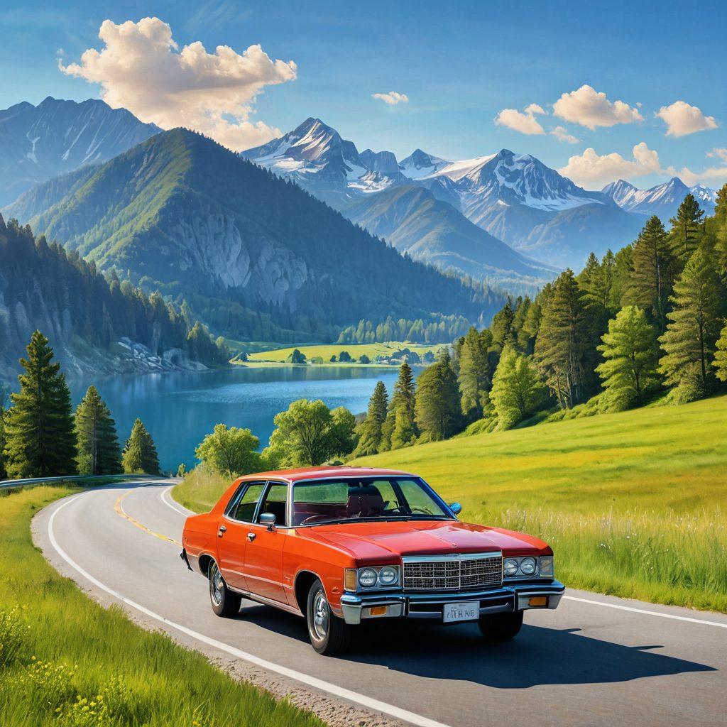 A serene scene depicting a family driving in a stylish car under a clear blue sky, with floating icons representing full coverage auto insurance benefits like safety, peace of mind, and financial security. In the background, a scenic landscape of mountains or hills adds to the tranquility. The car should symbolize comfort and reliability, conveying a sense of protection. vibrant colors. super-realistic.