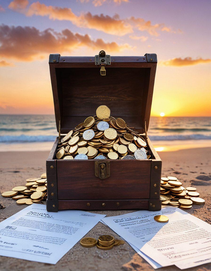 An open treasure chest overflowing with golden coins symbolizing savings, surrounded by a variety of car insurance documents and illustrations of cars representing full coverage. In the background, a gentle sunset casting a warm glow, suggesting hope and opportunity. A translucent key floats above the chest, signifying unlocking secrets. minimalistic style. soft pastel colors.