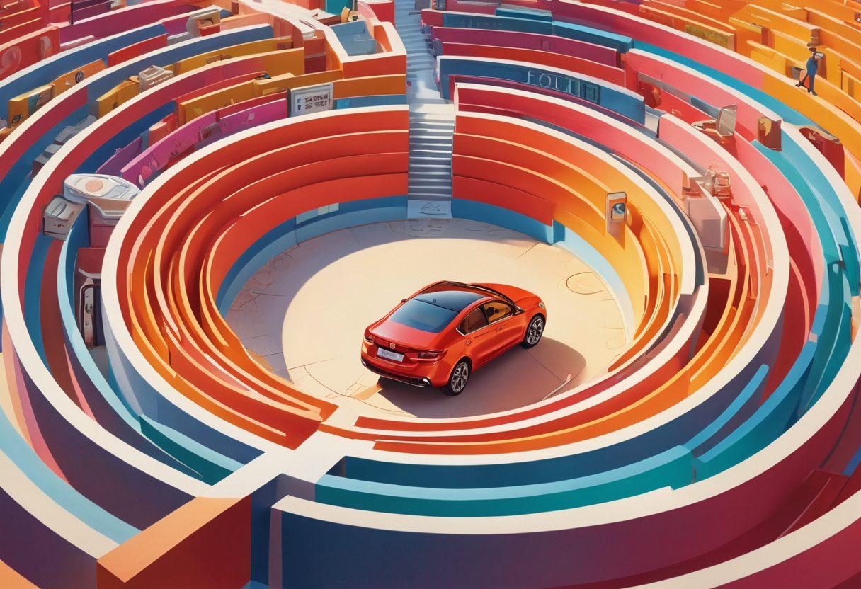 A visually engaging illustration of a person navigating a labyrinth made of insurance forms and automobile icons, with a bright sun shining in the background symbolizing hope. Include a magnifying glass searching for discounts among the forms. The overall vibe should convey clarity and guidance amidst complexity. vibrant colors. modern illustration.